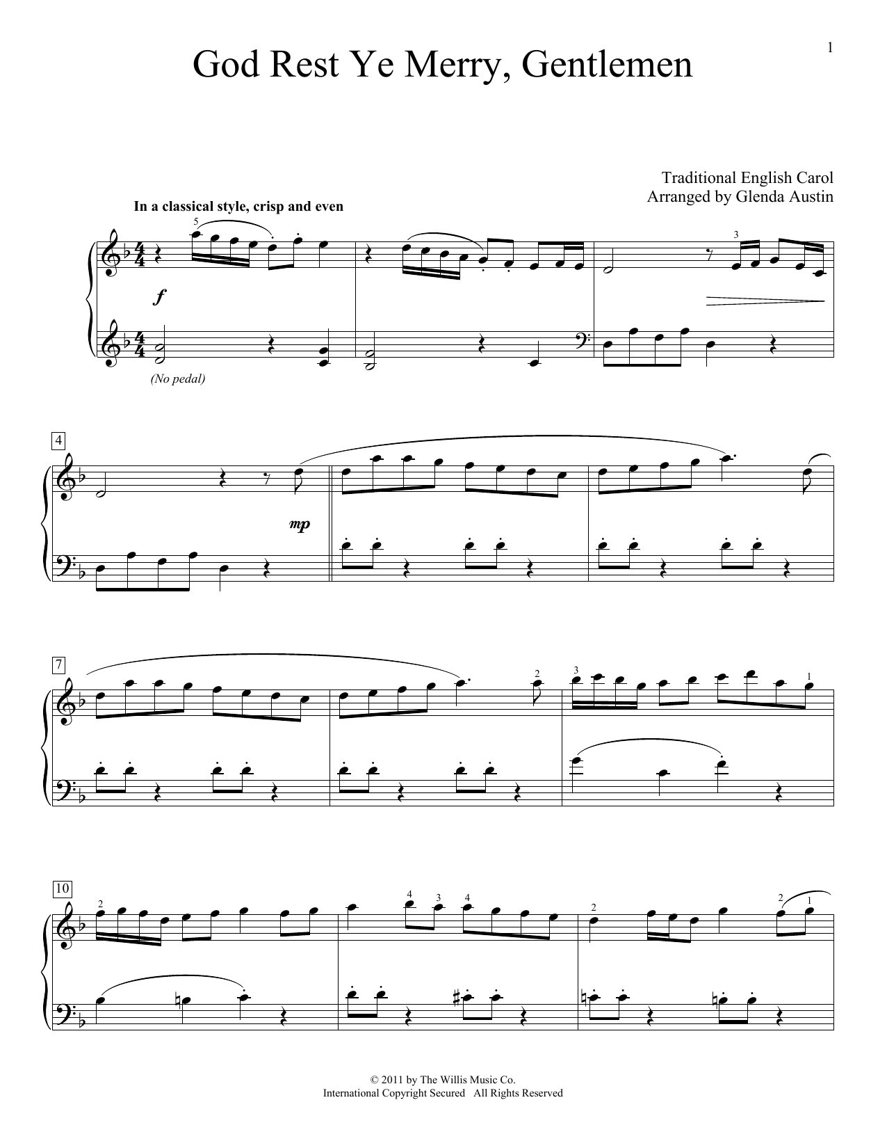 Traditional English Carol God Rest Ye Merry, Gentlemen (arr. Glenda Austin) sheet music notes and chords arranged for Piano Solo