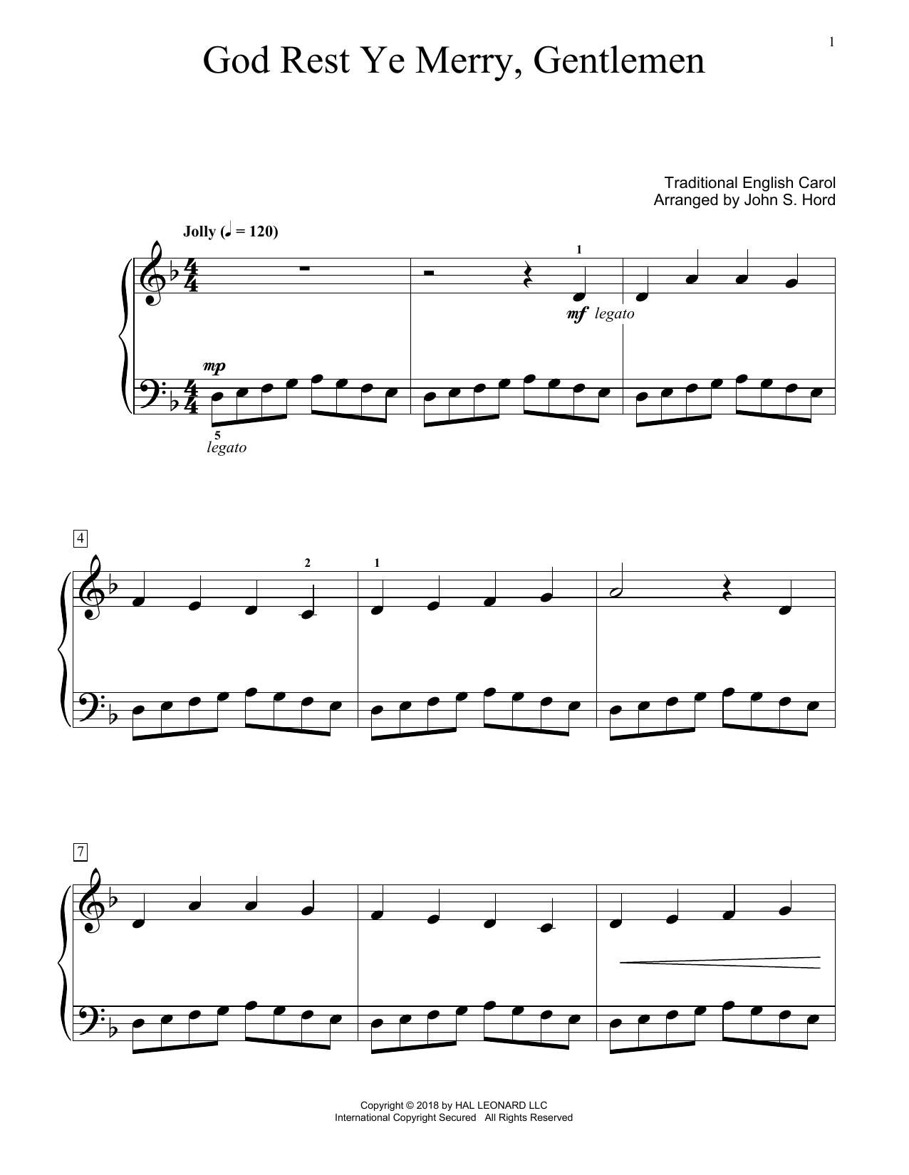 Traditional English Carol God Rest Ye Merry, Gentlemen (arr. John S. Hord) sheet music notes and chords arranged for Educational Piano