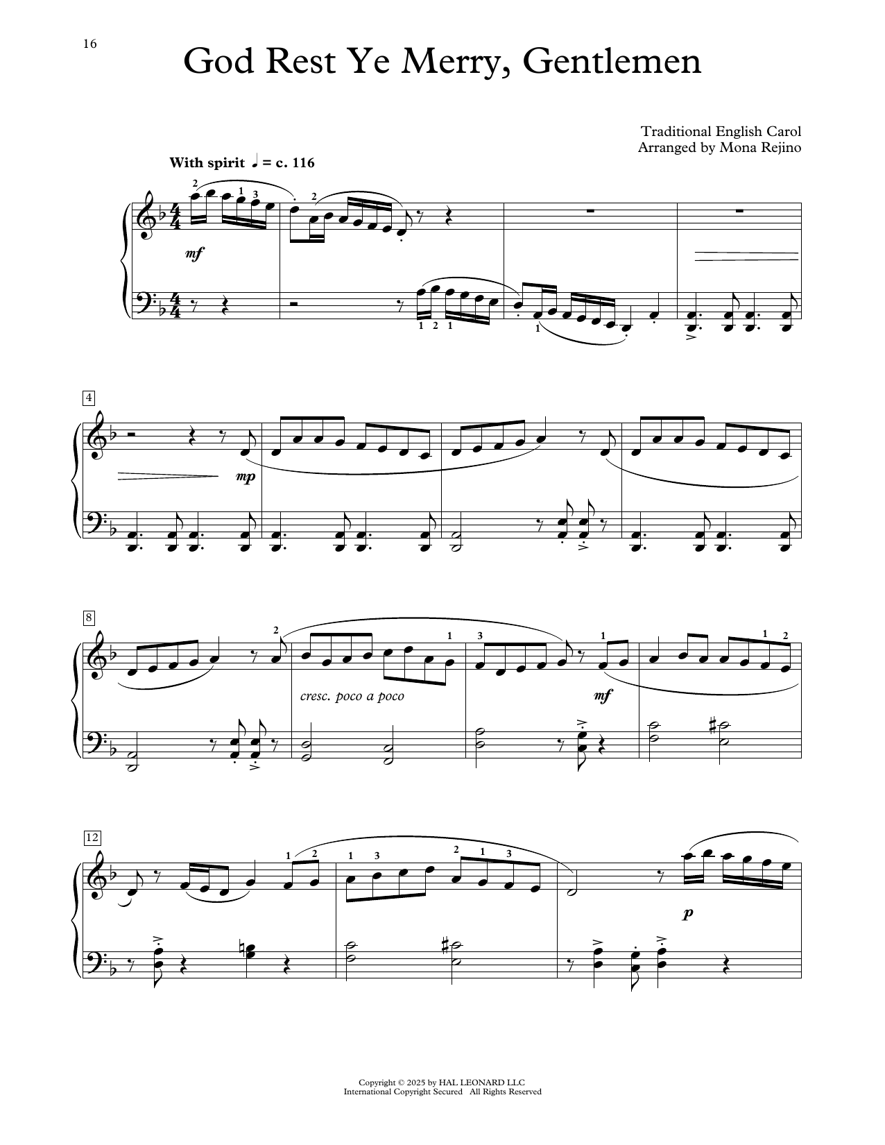 Traditional English Carol God Rest Ye Merry, Gentlemen (arr. Mona Rejino) sheet music notes and chords arranged for Educational Piano