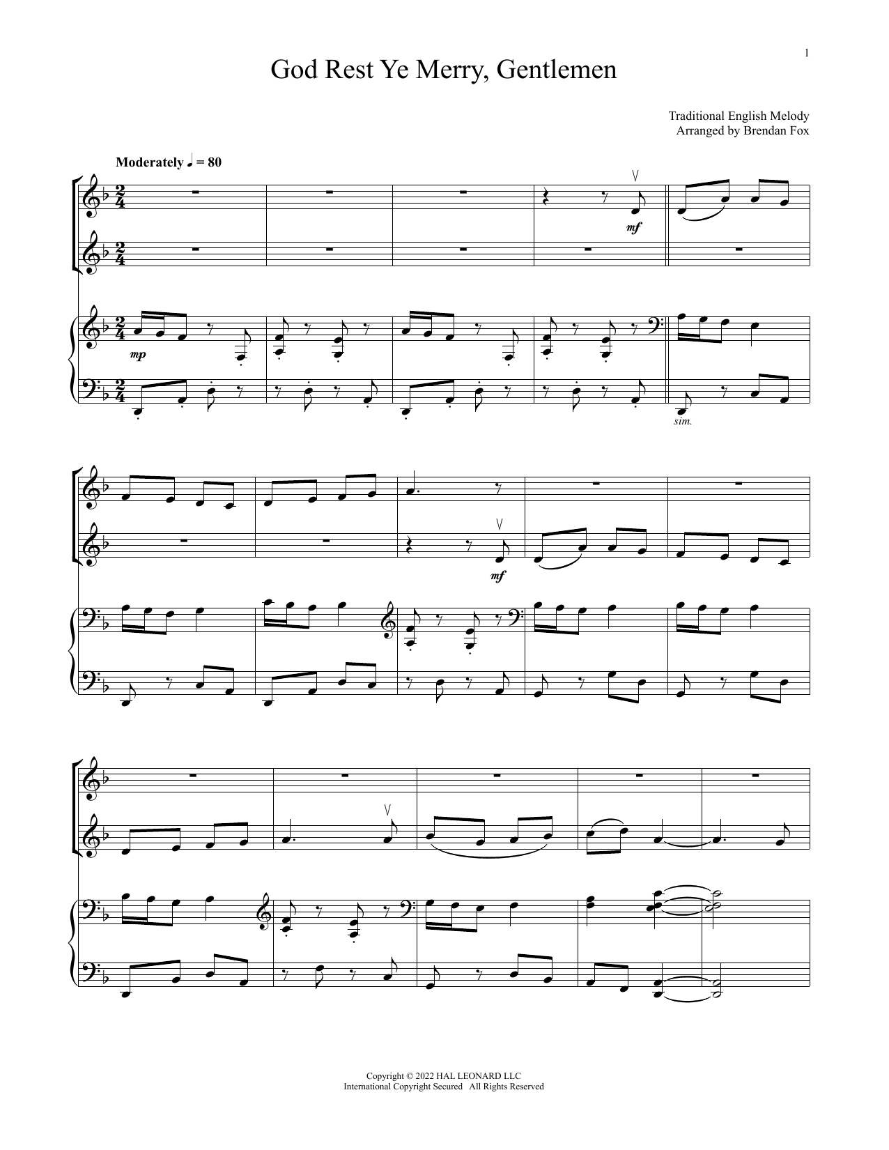 Traditional English Carol God Rest Ye Merry, Gentlemen (for Violin Duet and Piano) sheet music notes and chords arranged for Violin and Piano