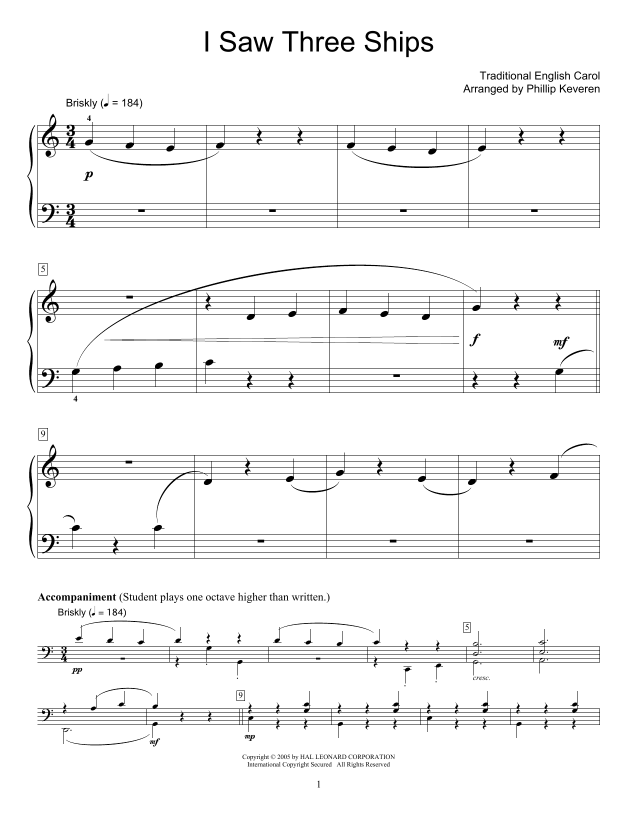 Traditional English Carol I Saw Three Ships (arr. Phillip Keveren) sheet music notes and chords arranged for Piano Solo