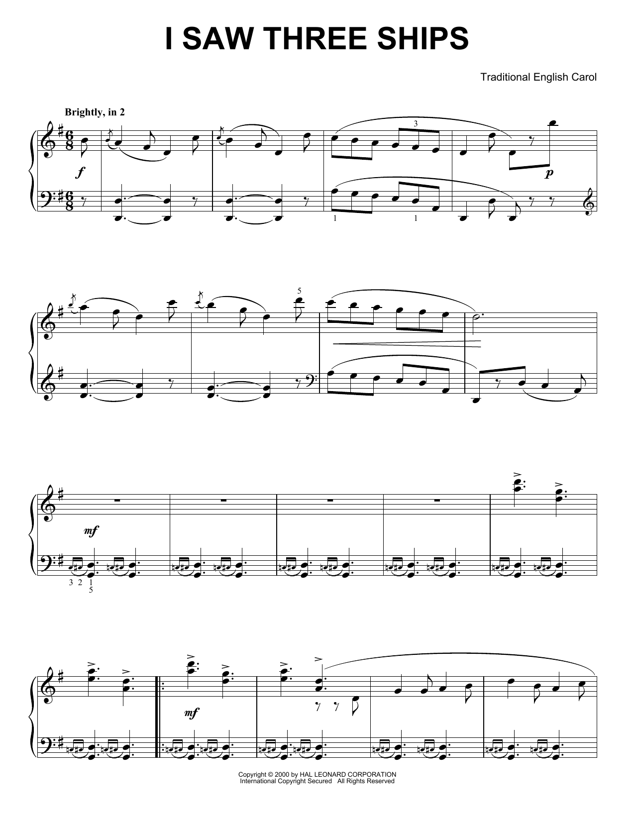 Traditional English Carol I Saw Three Ships sheet music notes and chords arranged for Super Easy Piano