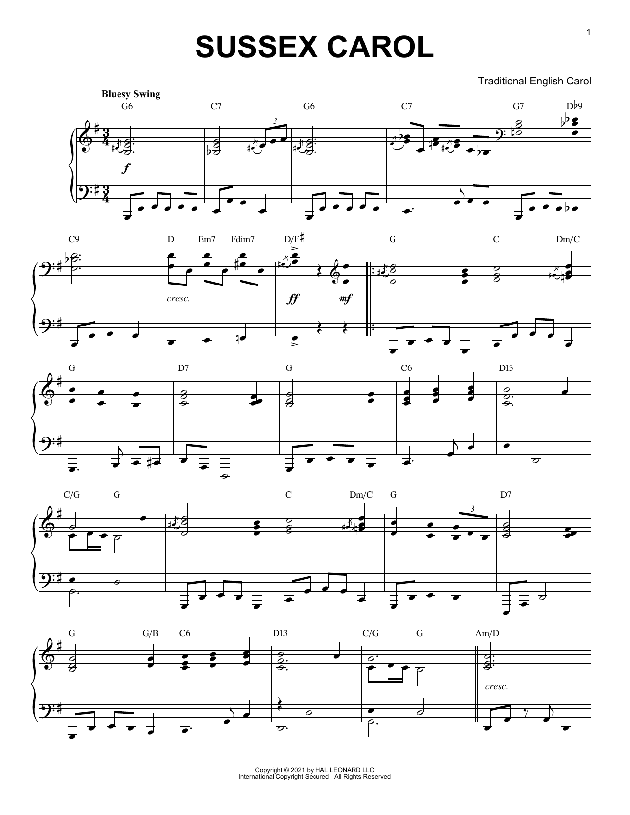 Traditional English Carol Sussex Carol [Jazz version] (arr. Brent Edstrom) sheet music notes and chords arranged for Piano Solo
