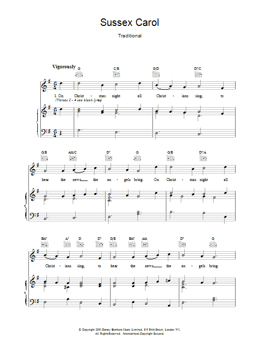 Traditional English Carol Sussex Carol sheet music notes and chords arranged for Guitar Lead Sheet