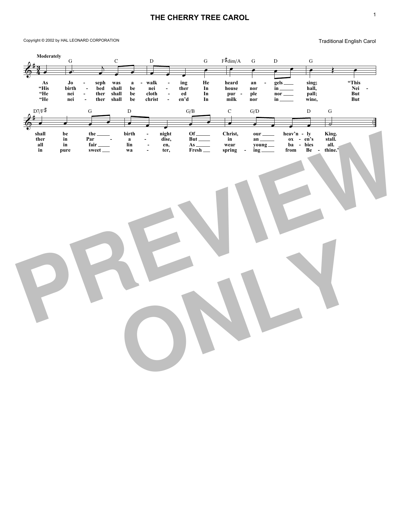 Traditional English Carol The Cherry Tree Carol sheet music notes and chords arranged for Lead Sheet / Fake Book