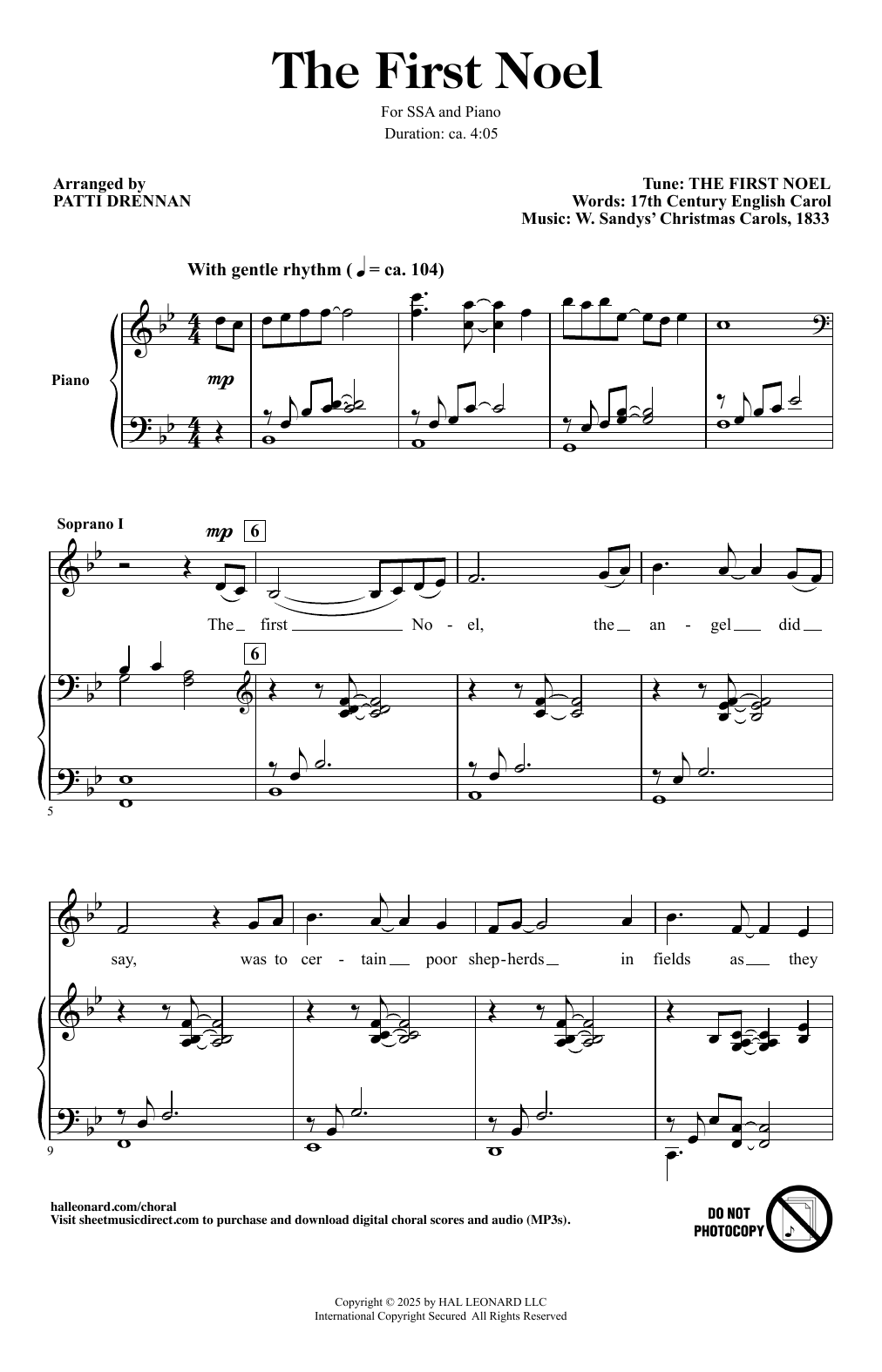 Traditional English Carol The First Noel (arr. Patti Drennan) sheet music notes and chords arranged for SSA Choir