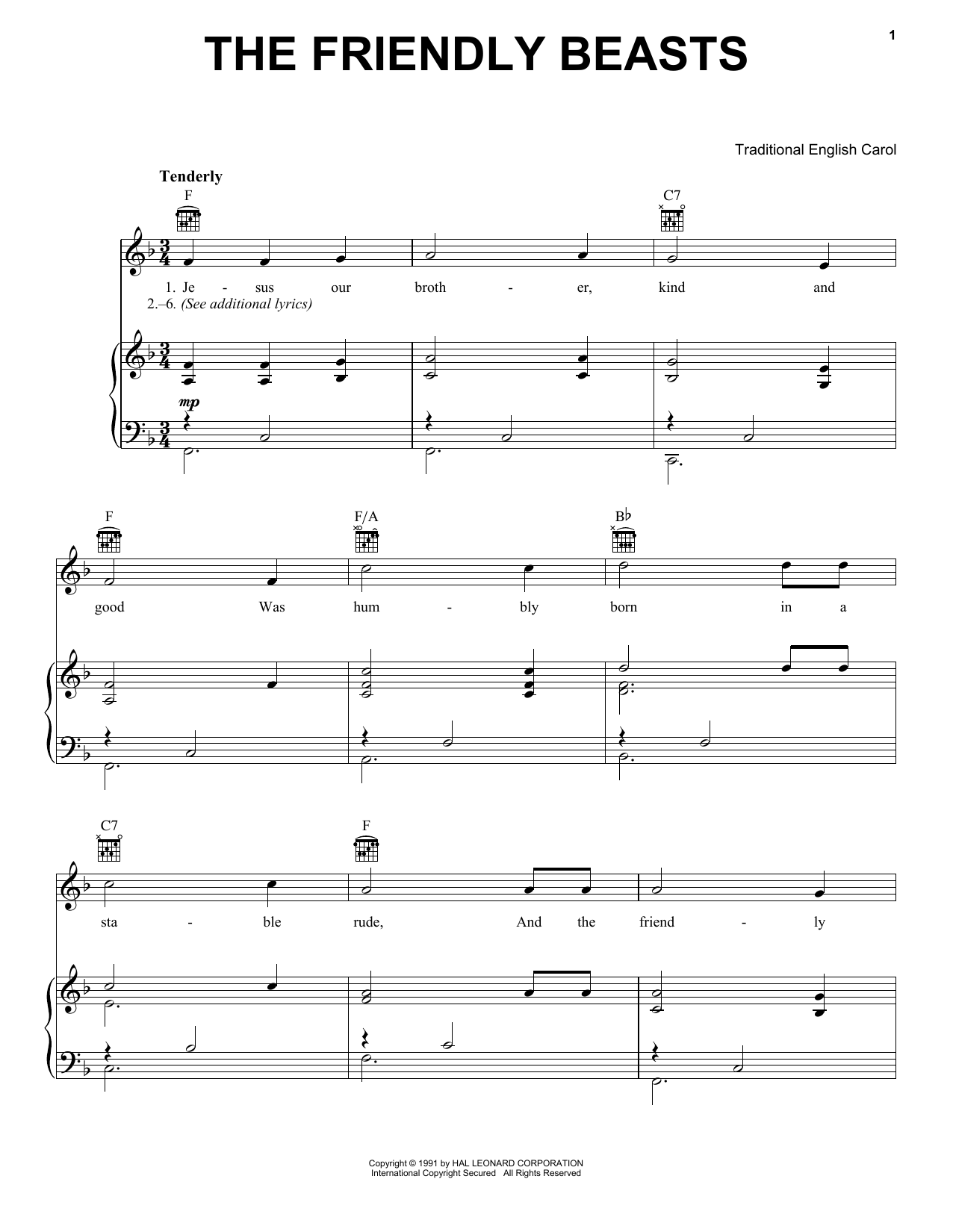 Traditional English Carol The Friendly Beasts sheet music notes and chords arranged for Piano, Vocal & Guitar Chords (Right-Hand Melody)