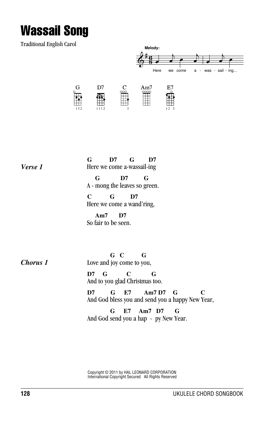 Traditional English Carol Wassail Song sheet music notes and chords arranged for Ukulele Chords/Lyrics