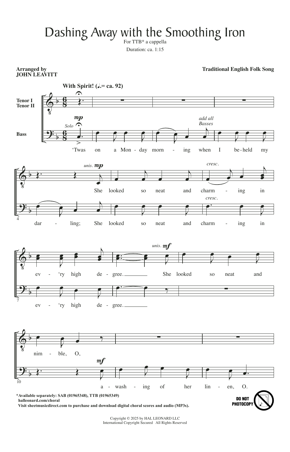 Traditional English Folk Song Dashing Away With The Smoothing Iron (arr. John Leavitt) sheet music notes and chords arranged for TTB Choir