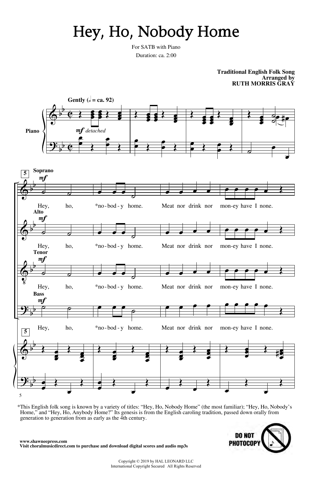 Traditional English Folk Song Hey Ho, Nobody Home (arr. Ruth Morris Gray) sheet music notes and chords arranged for SATB Choir