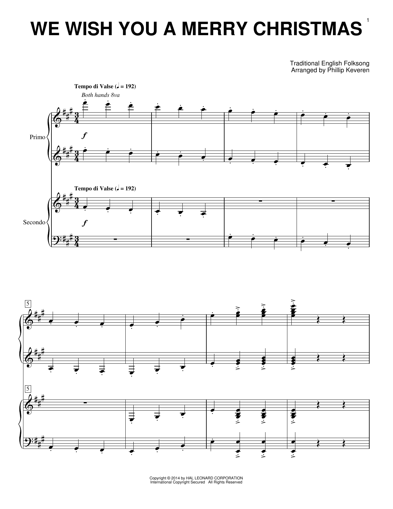 Traditional English Folk Song We Wish You A Merry Christmas (arr. Phillip Keveren) sheet music notes and chords arranged for Piano Duet
