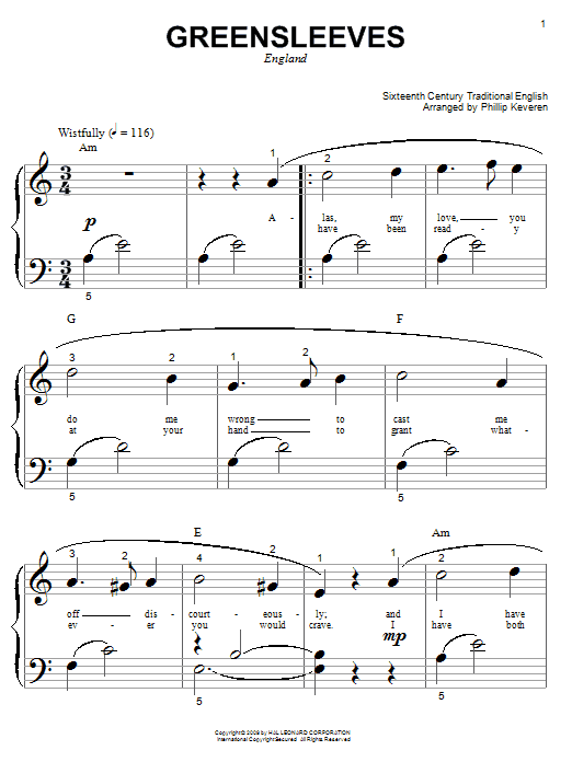 Traditional English Folksong Greensleeves (arr. Phillip Keveren) sheet music notes and chords arranged for Big Note Piano