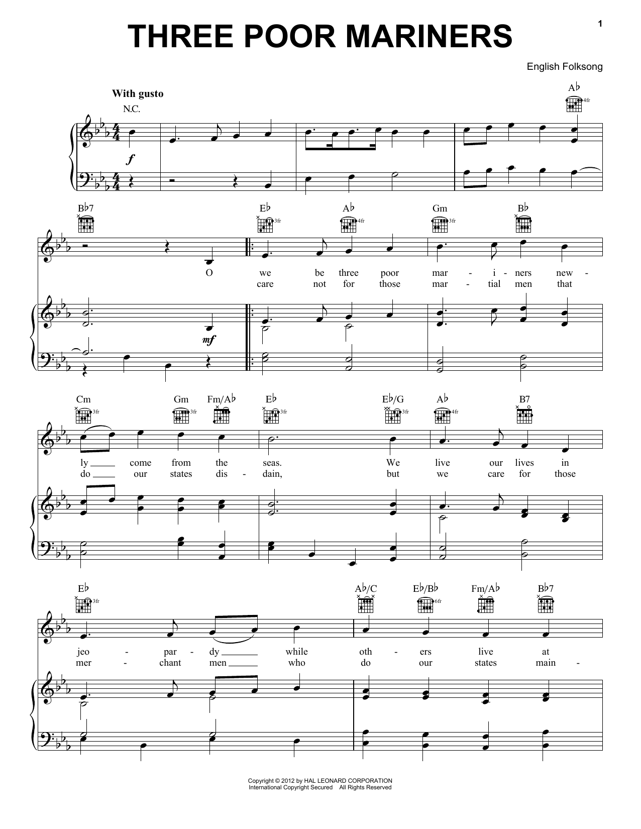 Traditional English Folksong Three Poor Mariners sheet music notes and chords arranged for Piano, Vocal & Guitar Chords (Right-Hand Melody)