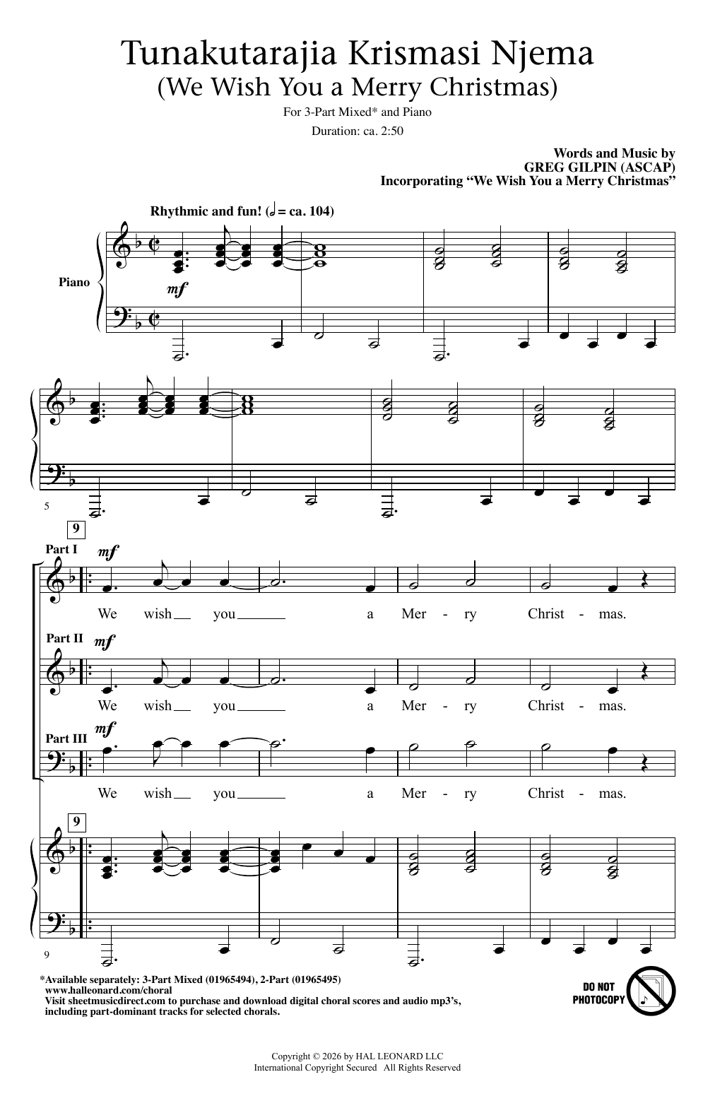 Traditional English Folksong Tunakatarajia Krismasi Njema (We Wish You A Merry Christmas) sheet music notes and chords arranged for 2-Part Choir
