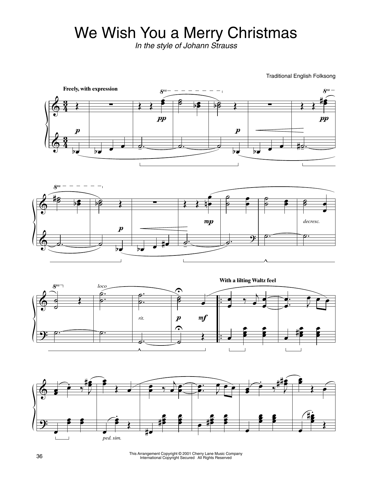 Traditional English Folksong We Wish You A Merry Christmas (in the style of Johann Strauss) (arr. Carol Klose) sheet music notes and chords arranged for Piano Solo