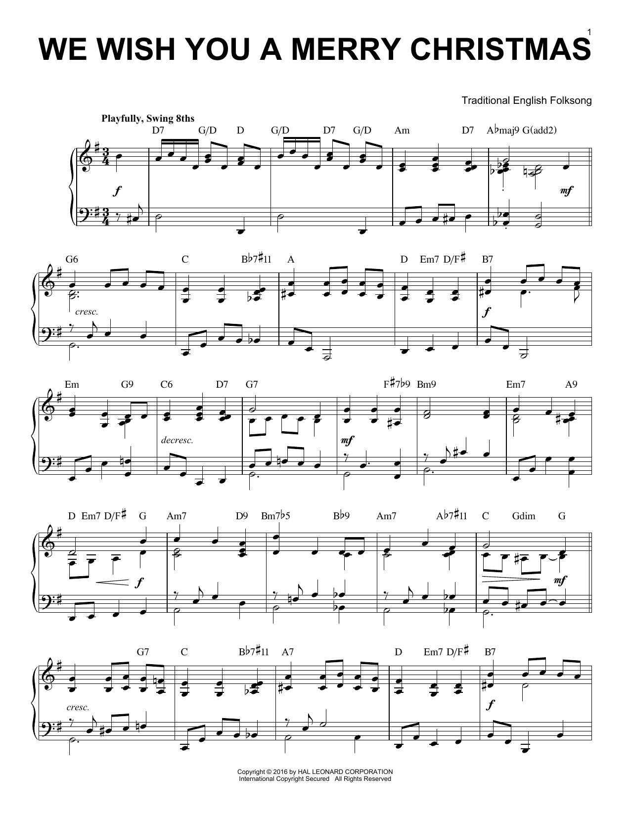 Traditional English Folksong We Wish You A Merry Christmas [Jazz version] (arr. Brent Edstrom) sheet music notes and chords arranged for Piano Solo