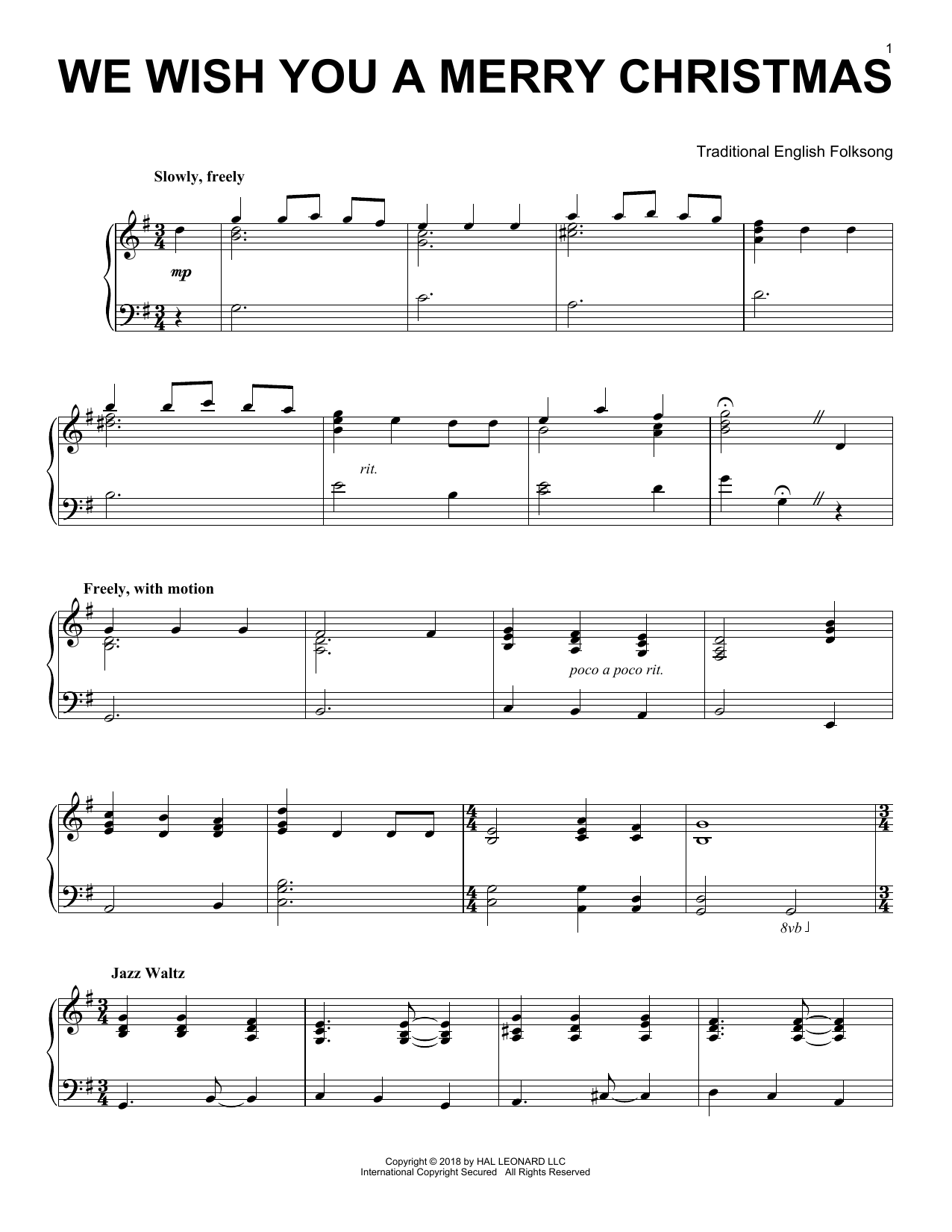 Traditional English Folksong We Wish You A Merry Christmas [Jazz version] sheet music notes and chords arranged for Piano Solo