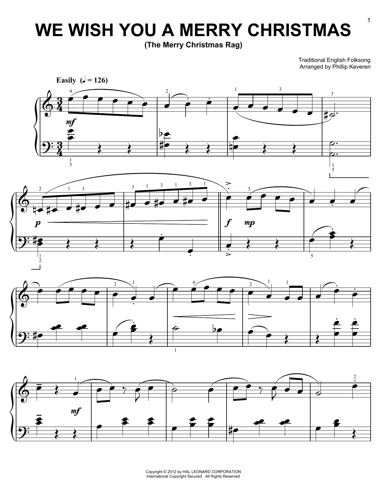 Traditional English Folksong We Wish You A Merry Christmas [Ragtime version] (arr. Phillip Keveren) sheet music notes and chords arranged for Easy Piano