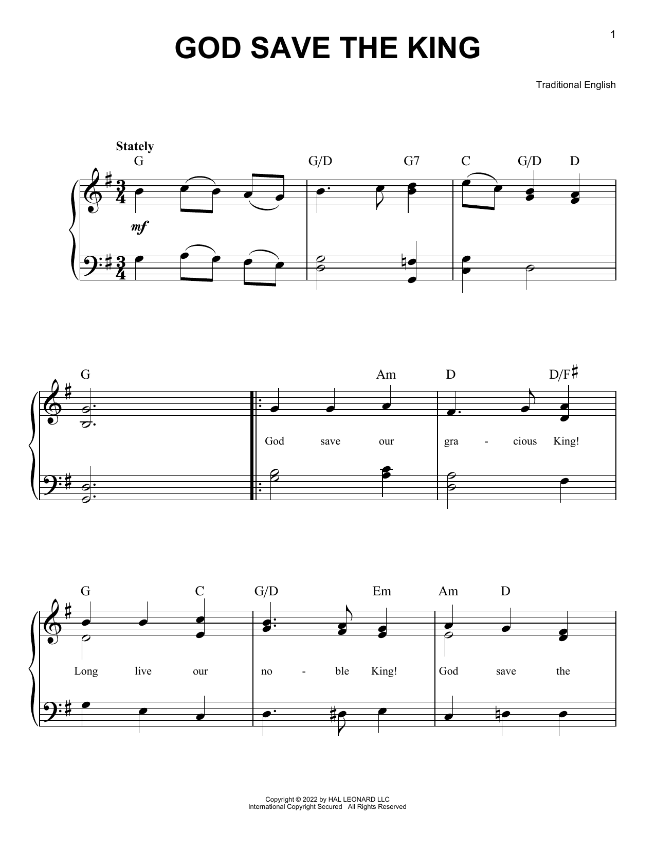 Traditional English God Save The King (UK National Anthem) sheet music notes and chords arranged for Piano, Vocal & Guitar Chords (Right-Hand Melody)