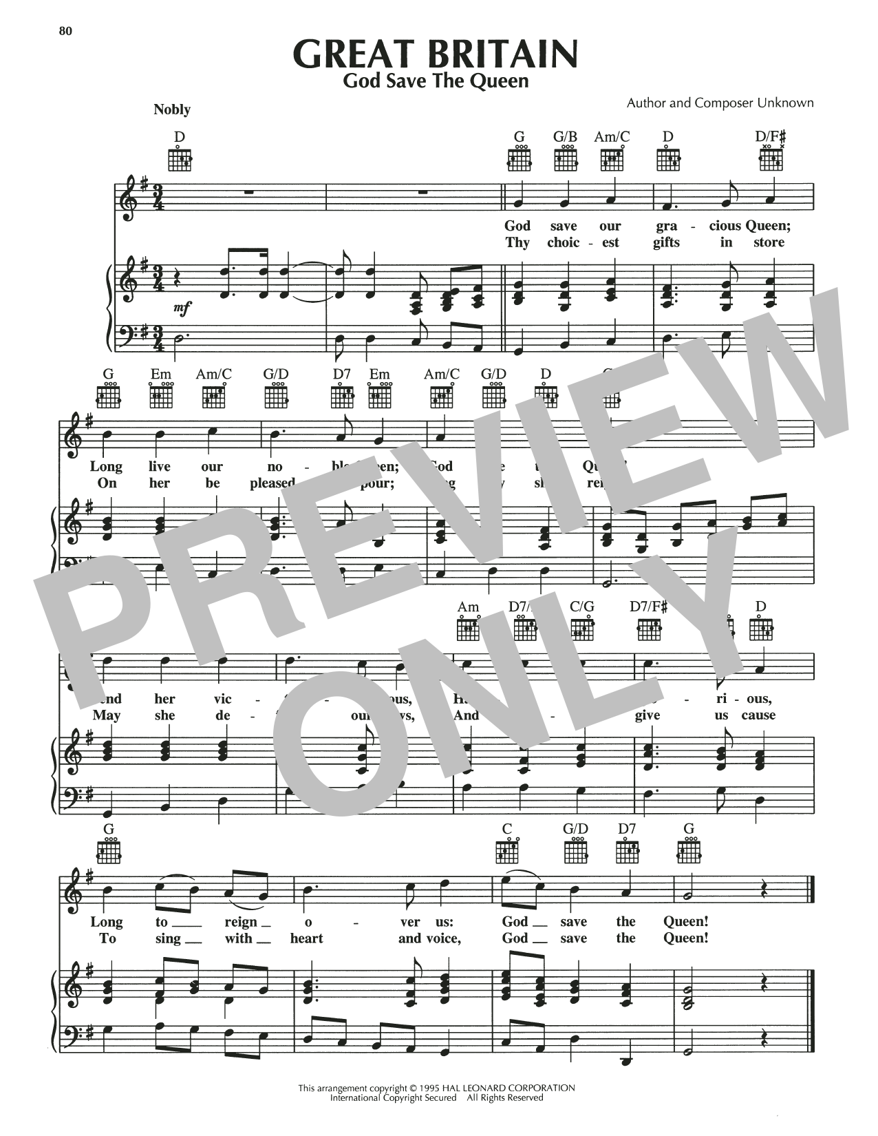 Traditional English God Save The Queen sheet music notes and chords arranged for Piano, Vocal & Guitar Chords (Right-Hand Melody)