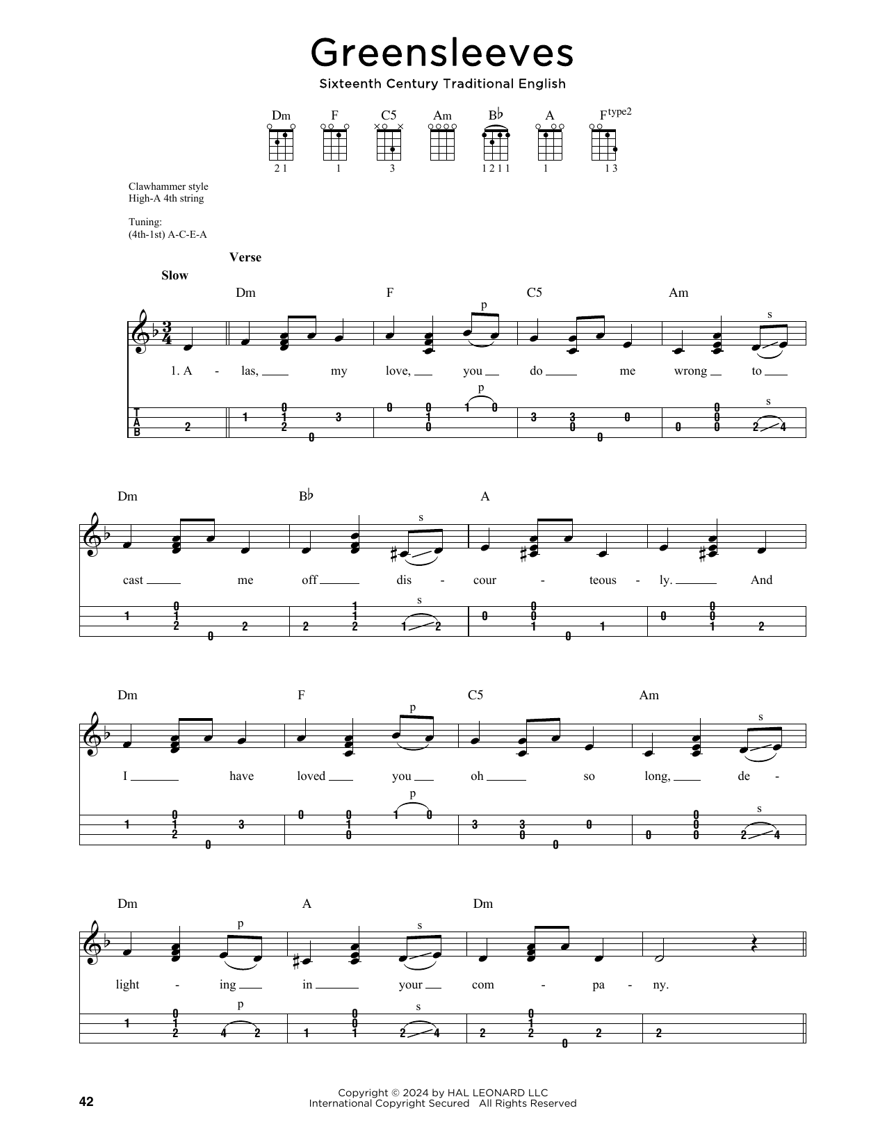 Traditional English Greensleeves (arr. Jim Schustedt) sheet music notes and chords arranged for Ukulele