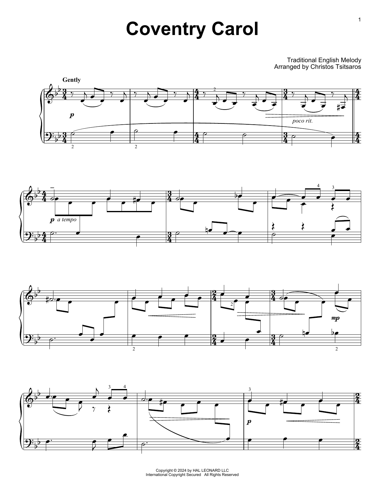 Traditional English Melody Coventry Carol (arr. Christos Tsitsaros) sheet music notes and chords arranged for Easy Piano Solo