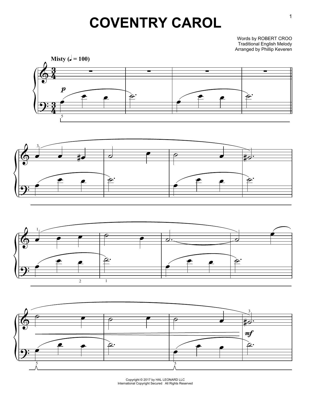 Traditional English Melody Coventry Carol [Classical version] (arr. Phillip Keveren) sheet music notes and chords arranged for Easy Piano