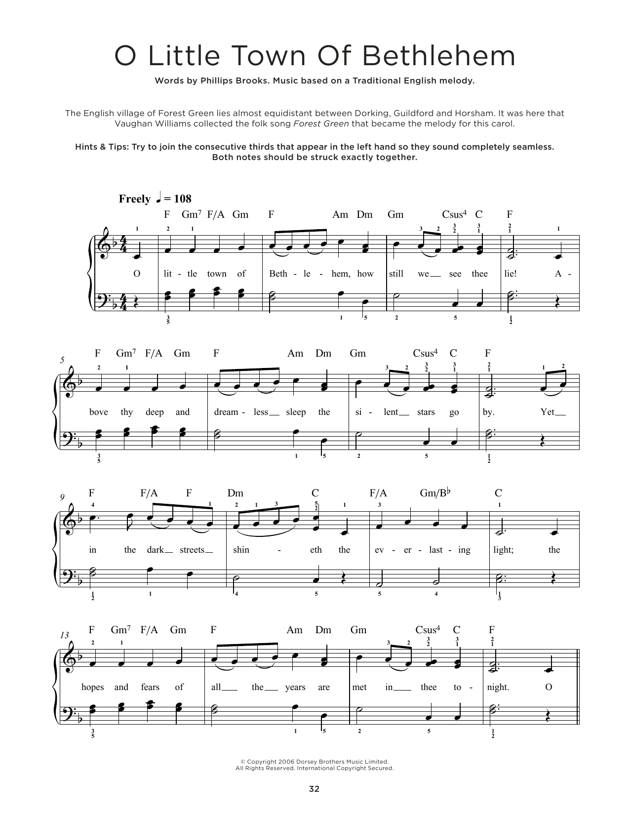 Traditional English Melody O Little Town Of Bethlehem sheet music notes and chords arranged for Really Easy Piano