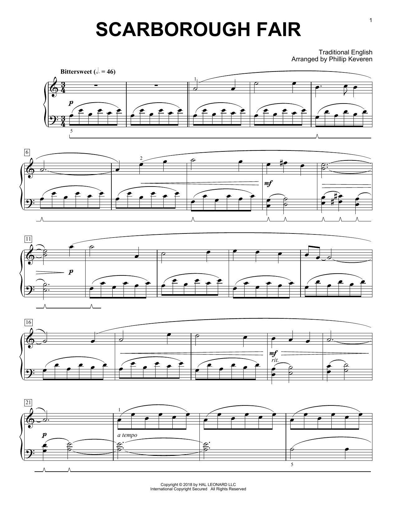 Traditional English Scarborough Fair [Classical version] (arr. Phillip Keveren) sheet music notes and chords arranged for Piano Solo