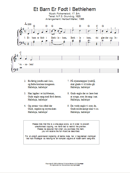 Traditional Et Barn Er Fodt I Bethlehem sheet music notes and chords arranged for Piano Solo