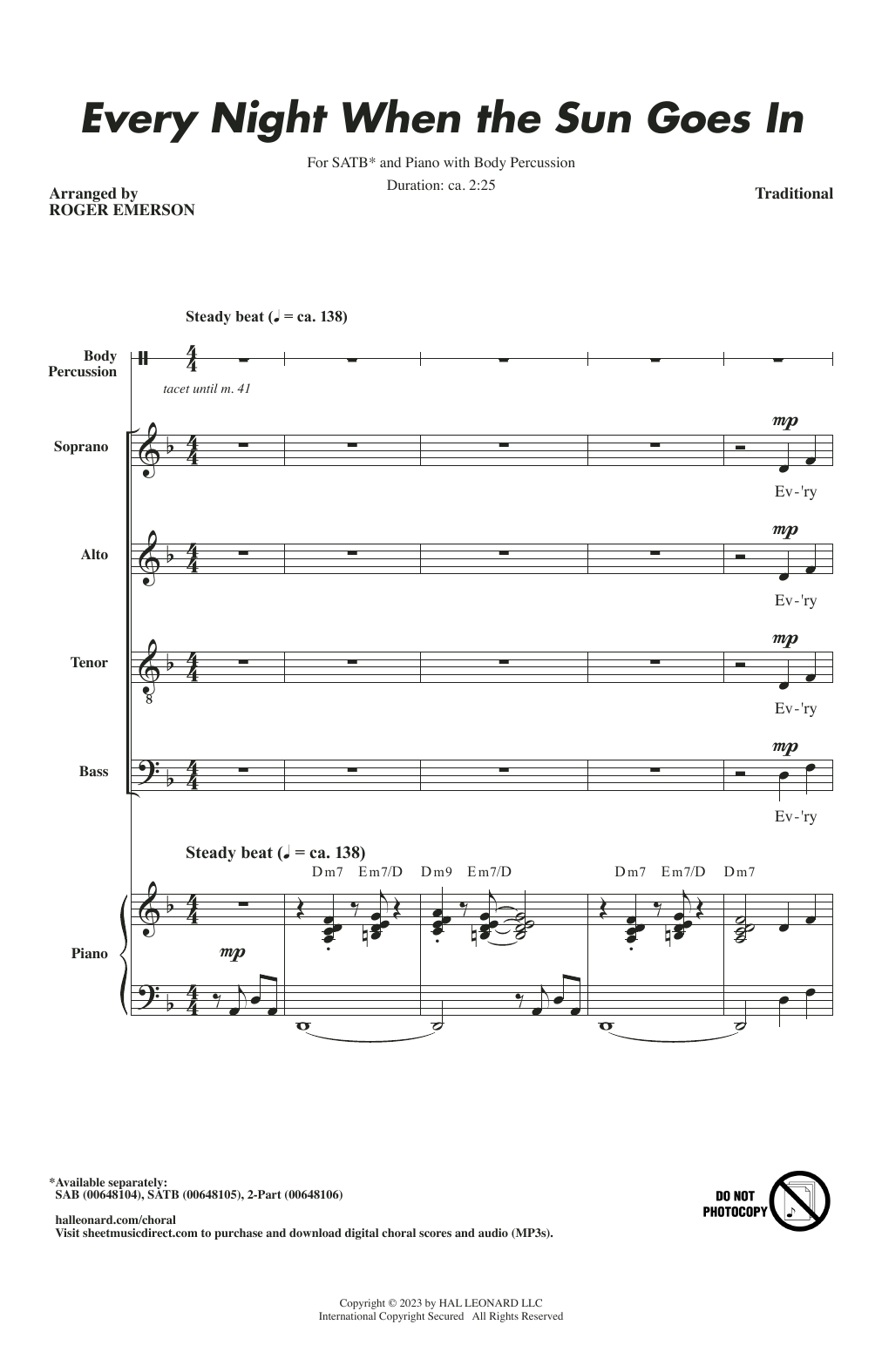Traditional Every Night When The Sun Goes In (arr. Roger Emerson) sheet music notes and chords arranged for SATB Choir