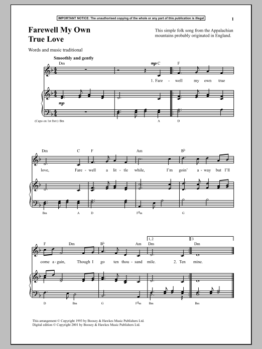 Traditional Farewell My Own True Love sheet music notes and chords arranged for Piano & Vocal