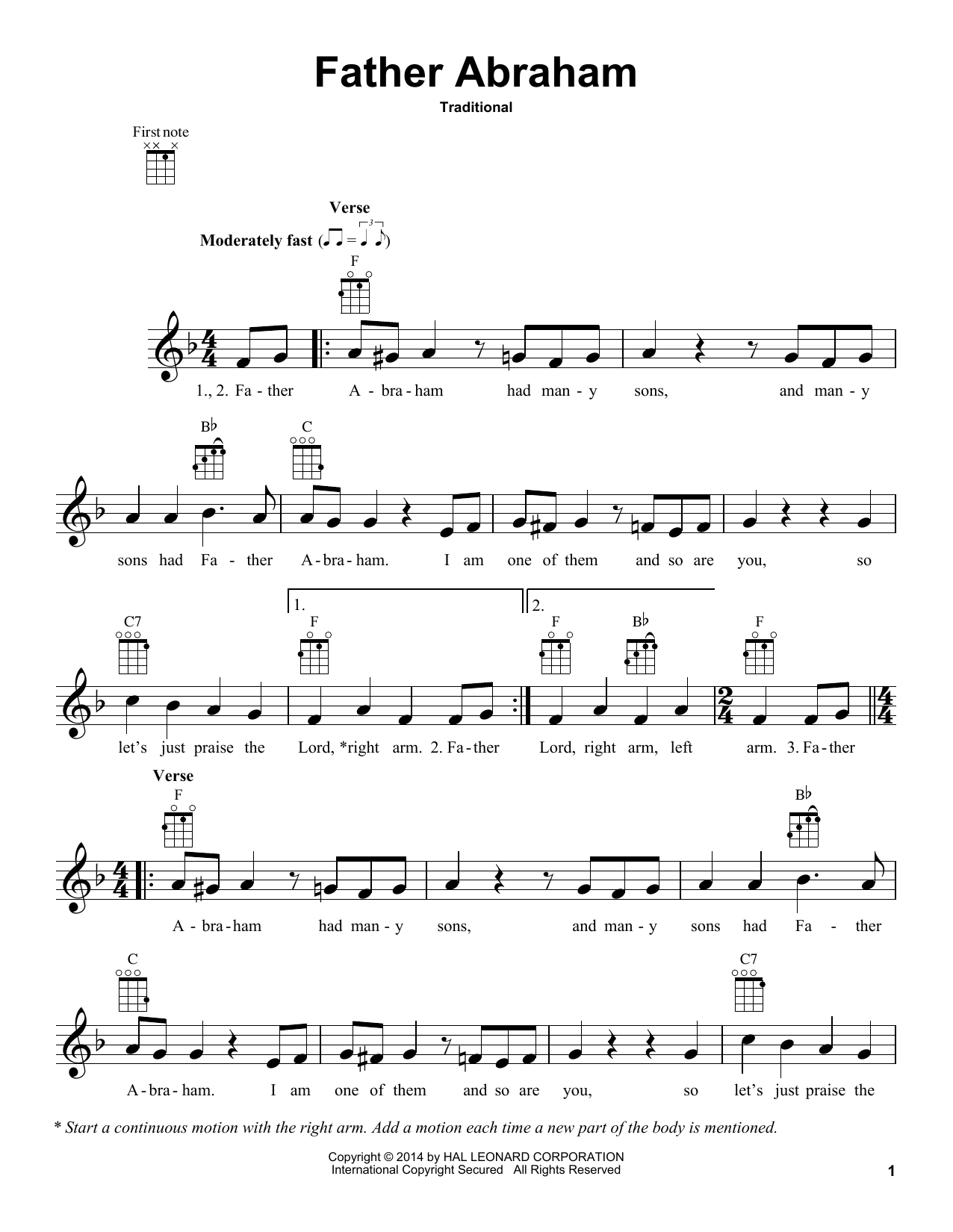 Traditional Father Abraham sheet music notes and chords arranged for Ukulele