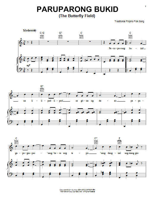 Traditional Filipino Folk Song Paruparong Bukid (The Butterfly Field) sheet music notes and chords arranged for Piano, Vocal & Guitar Chords (Right-Hand Melody)