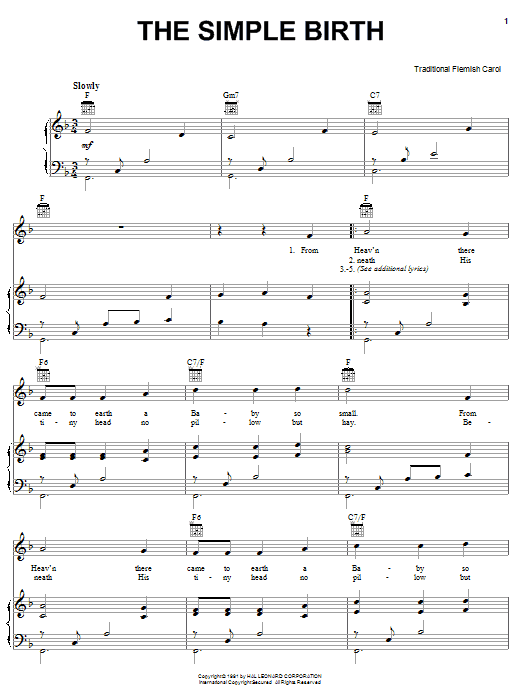 Traditional Flemish Carol The Simple Birth sheet music notes and chords arranged for Piano, Vocal & Guitar Chords (Right-Hand Melody)