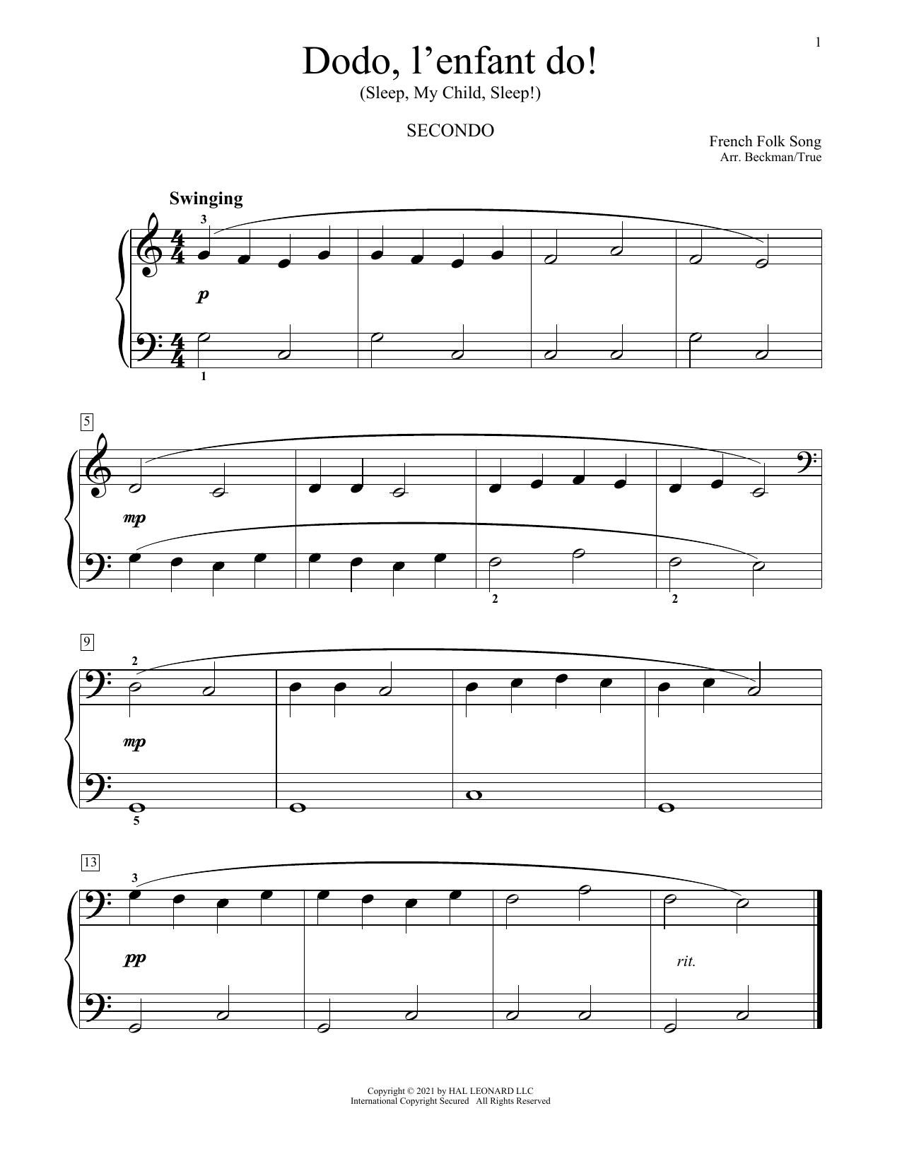 Traditional Folk Song Dodo, L'enfant Do! sheet music notes and chords arranged for Piano Duet