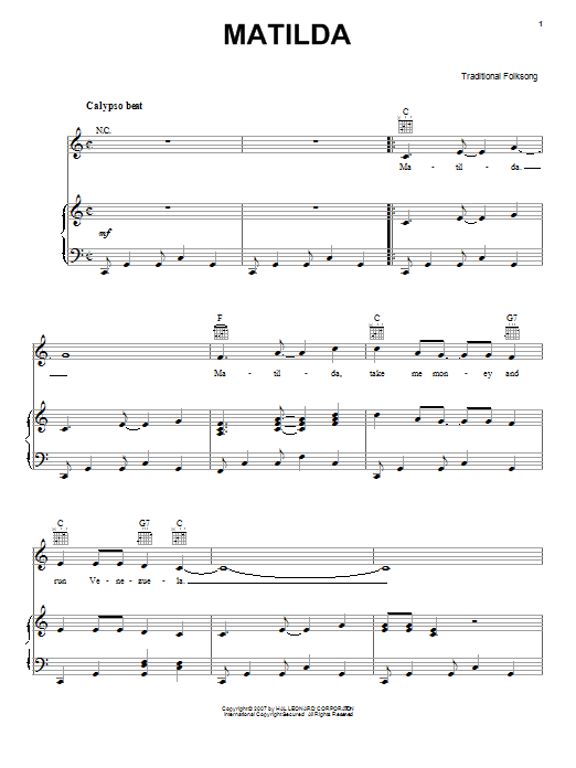 Traditional Folk Song Matilda sheet music notes and chords arranged for Piano, Vocal & Guitar Chords (Right-Hand Melody)