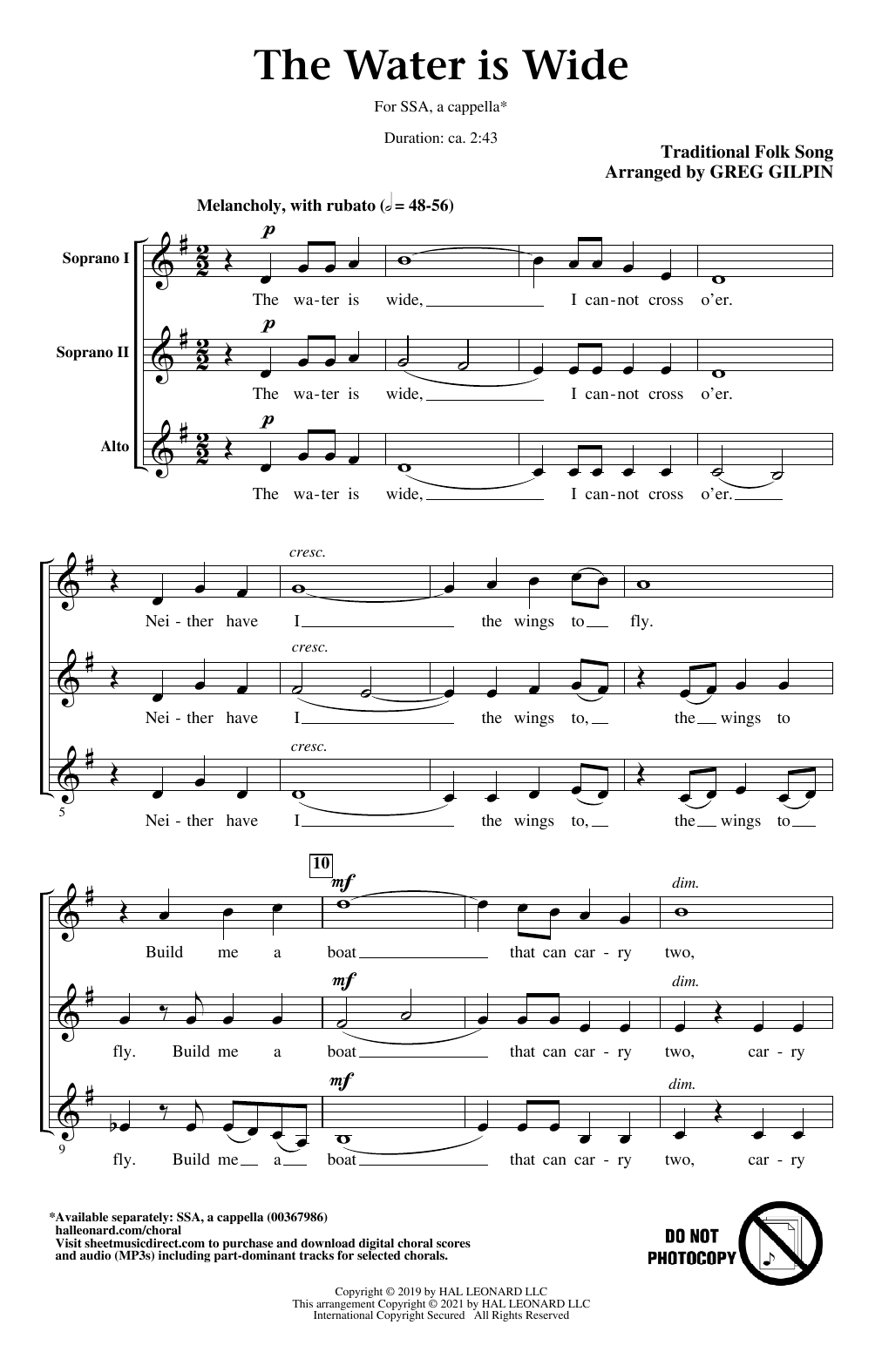 Traditional Folk Song The Water Is Wide (arr. Greg Gilpin) sheet music notes and chords arranged for SSA Choir