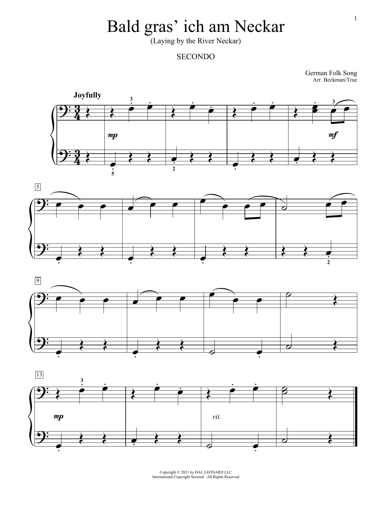 Traditional Folksong Bald Gras' Ich Am Neckar sheet music notes and chords arranged for Piano Duet