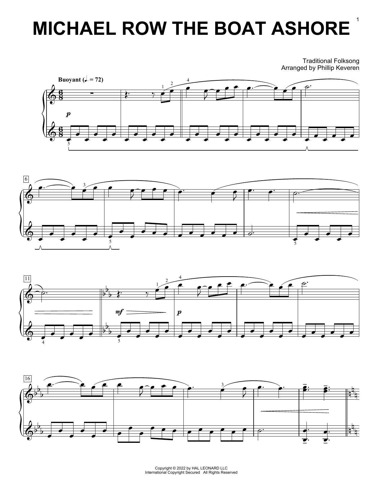 Traditional Folksong Michael Row The Boat Ashore (arr. Phillip Keveren) sheet music notes and chords arranged for Piano Solo
