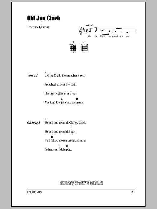Traditional Folksong Old Joe Clark sheet music notes and chords arranged for Guitar Chords/Lyrics