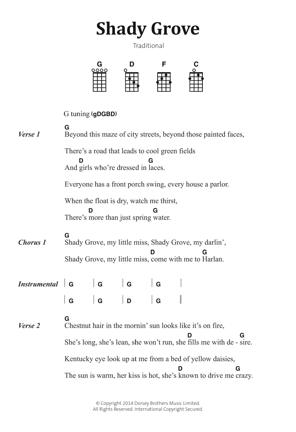 Traditional Folksong Shady Grove sheet music notes and chords arranged for Banjo Chords/Lyrics