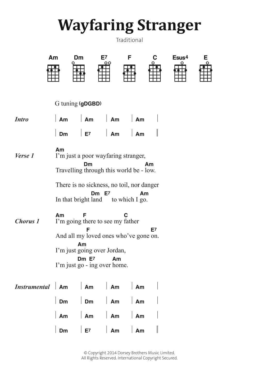 Traditional Folksong Wayfaring Stranger sheet music notes and chords arranged for Piano, Vocal & Guitar Chords