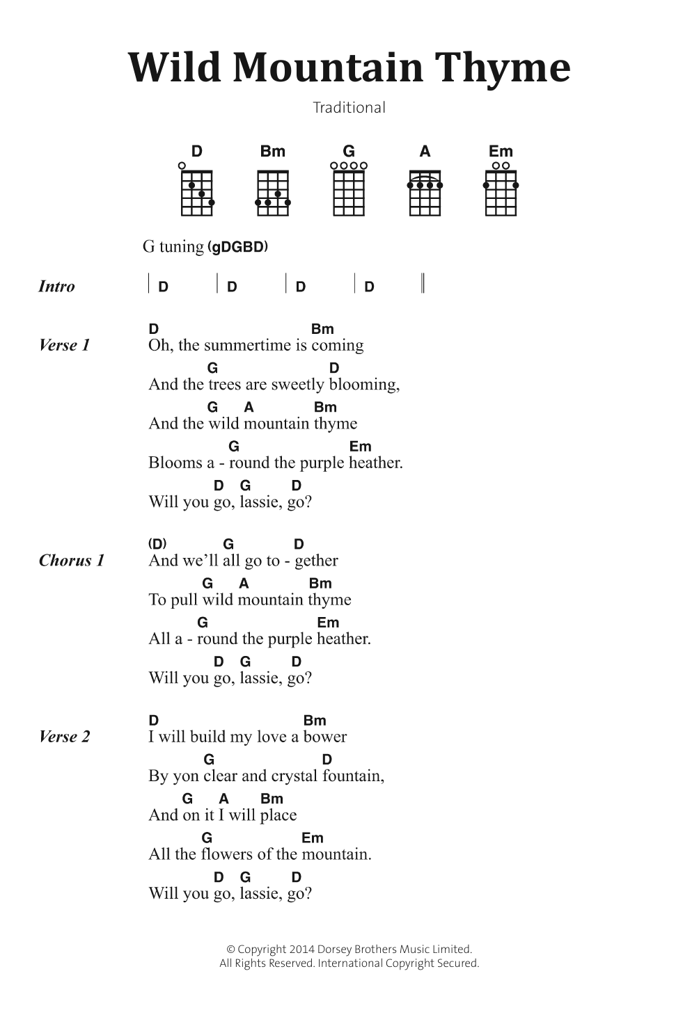 Traditional Folksong Wild Mountain Thyme sheet music notes and chords arranged for Ukulele Chords/Lyrics