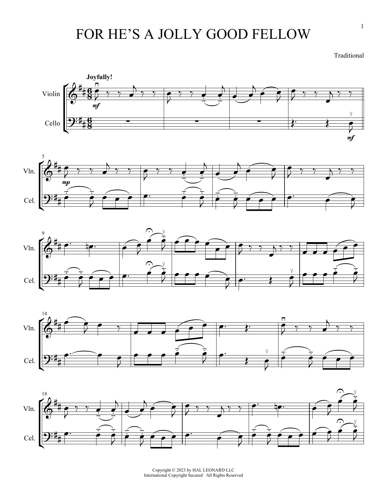Traditional For He's A Jolly Good Fellow (arr. Michelle Hynson) sheet music notes and chords arranged for Instrumental Duet