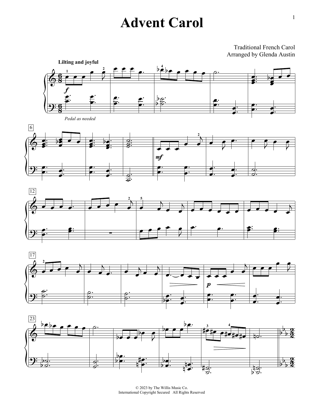 Traditional French Carol Advent Carol (arr. Glenda Austin) sheet music notes and chords arranged for Educational Piano