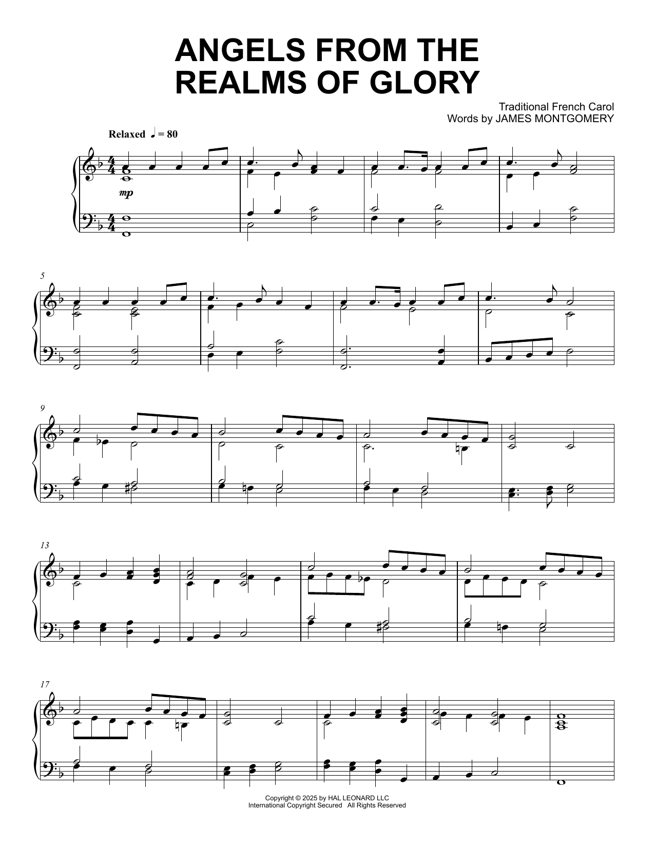 Traditional French Carol Angels From The Realms Of Glory sheet music notes and chords arranged for Piano Solo