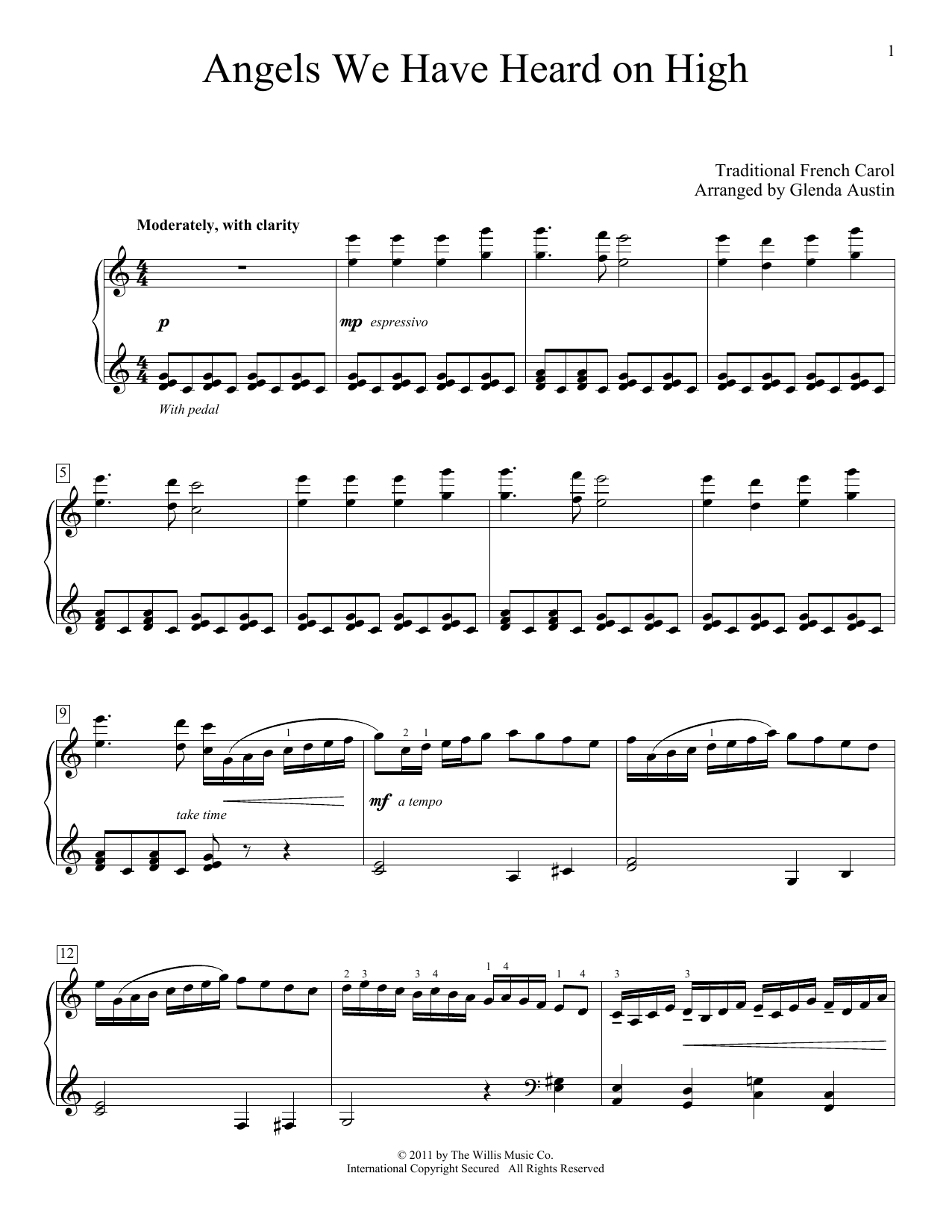 Traditional French Carol Angels We Have Heard On High (arr. Glenda Austin) sheet music notes and chords arranged for Piano Solo