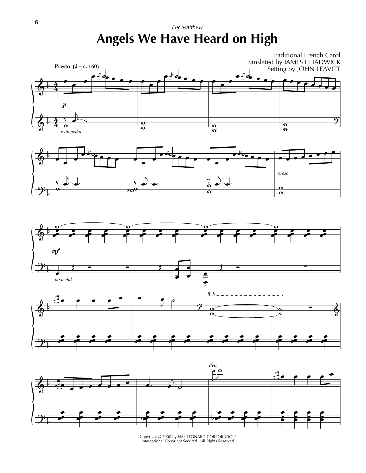 Traditional French Carol Angels We Have Heard On High (arr. John Leavitt) sheet music notes and chords arranged for Piano Solo