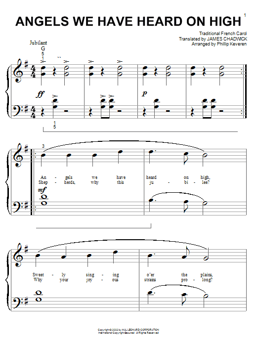 Traditional French Carol Angels We Have Heard On High (arr. Phillip Keveren) sheet music notes and chords arranged for Big Note Piano